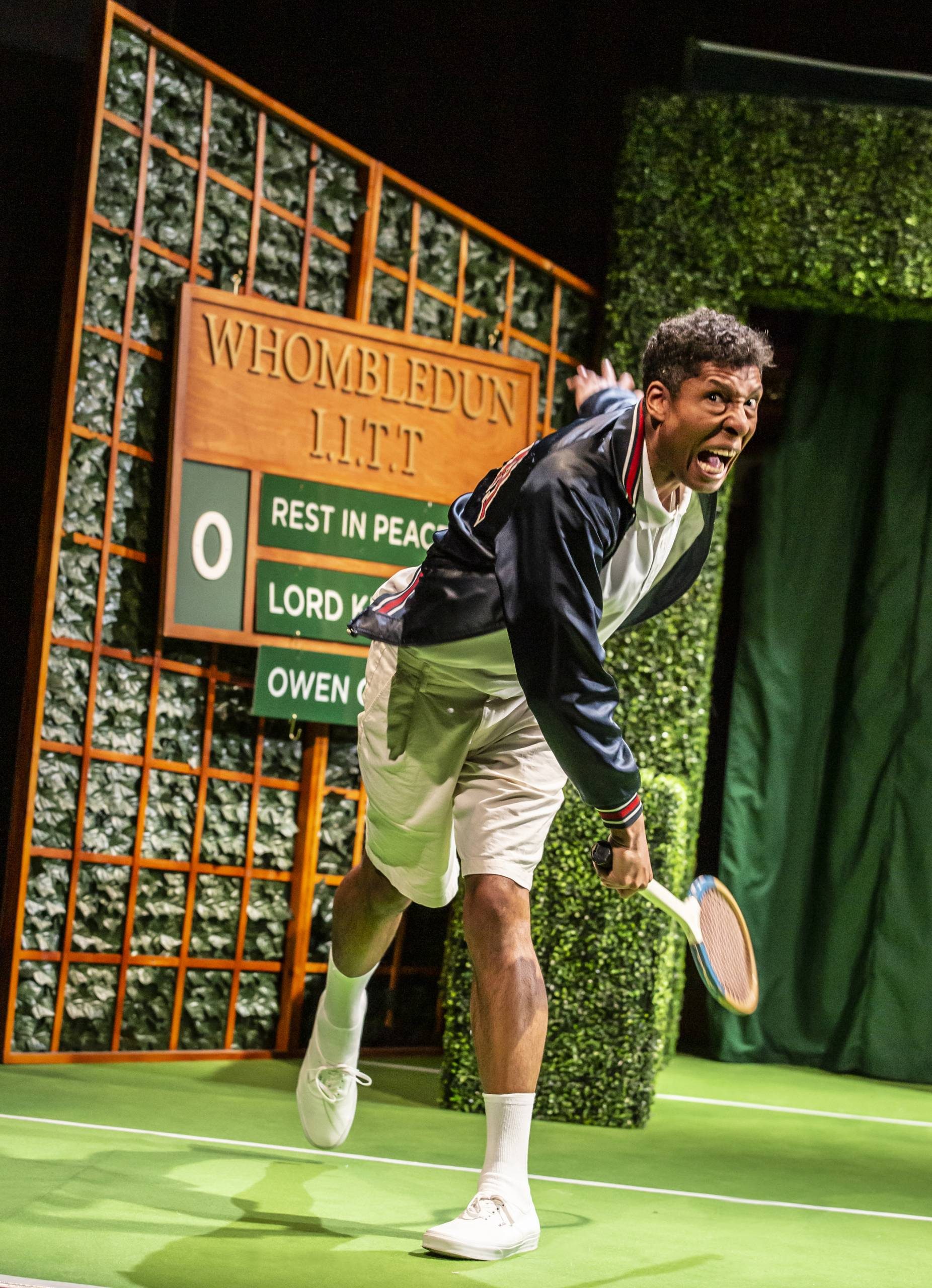 Crimes On Centre Court A male character playing a competitive game of tennis.