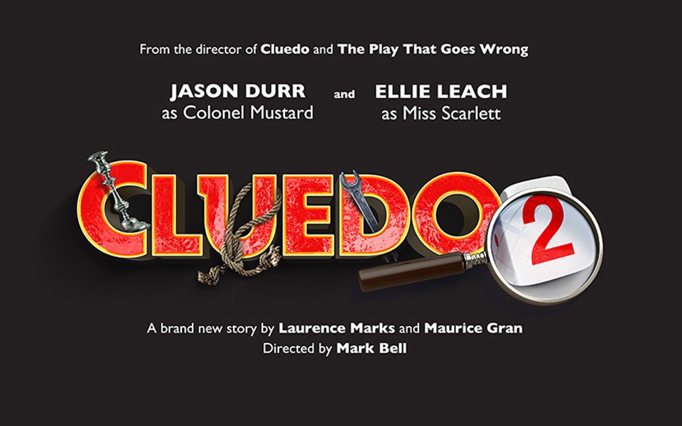 Cluedo 2: The Next Chapter Title treatment. Glossy red block letters Cluedo 2, with a candlestick, rope and spanner entwined.