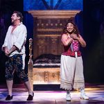 & Juliet original Broadway cast Angelique the nurse clutches chest whilst looking at Lance who is turned away from her, in front of four poster bed.