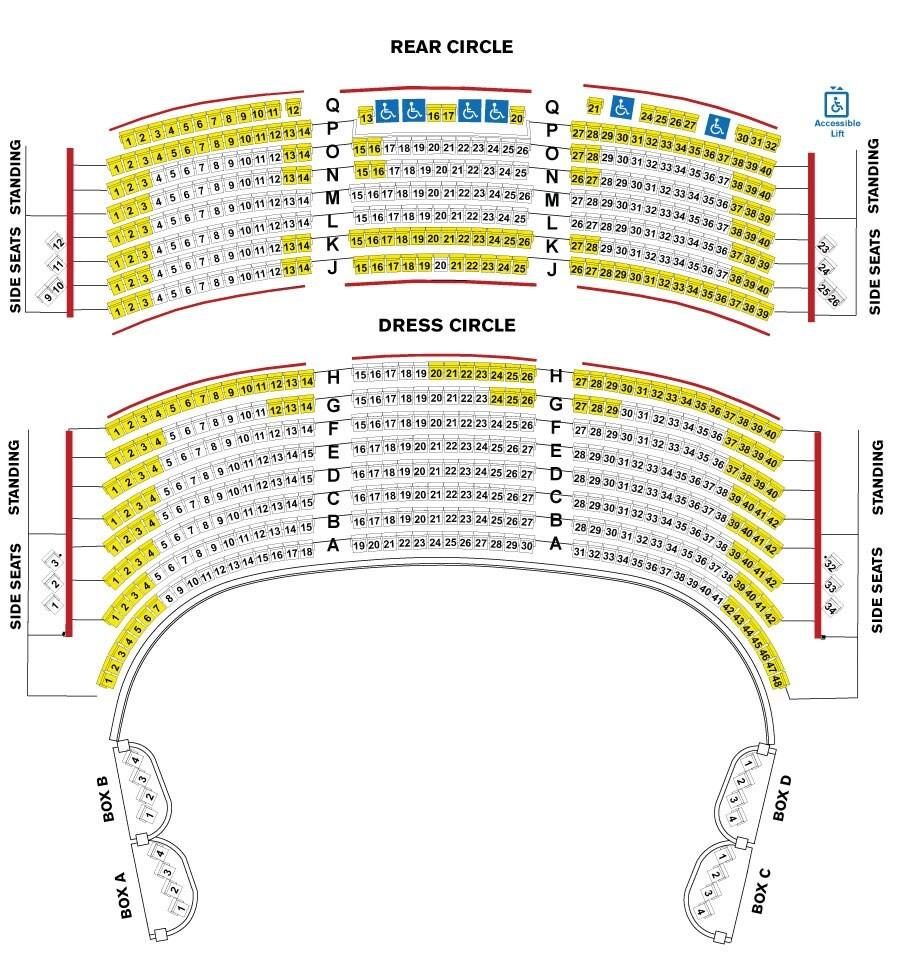 Mayflower Theatre circle seating diagram Diagram of Mayflower Theatre Circle seating, with sections highlighted in yellow and red.