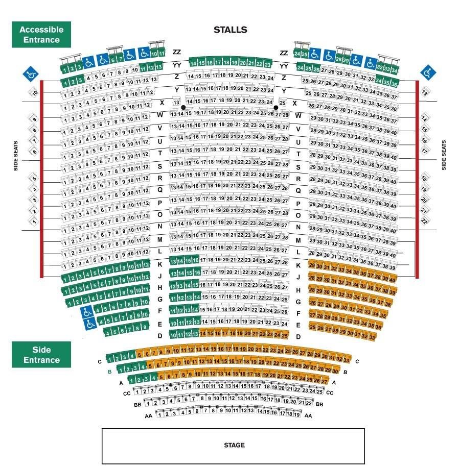 Mayflower Theatre stalls diagram Diagram of Mayflower Theatre stalls seating, with sections highlighted in green and yellow.