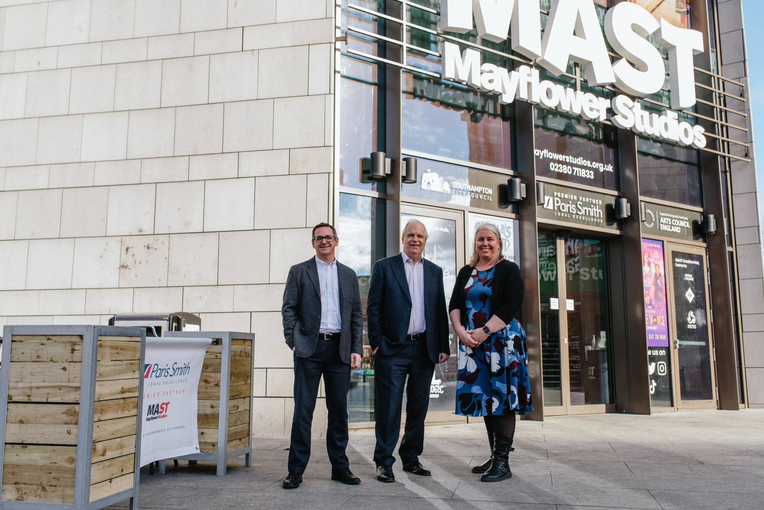 Paris Smith Two Paris Smith representatives and MAST's Executive Director outside MAST Mayflower Studios.